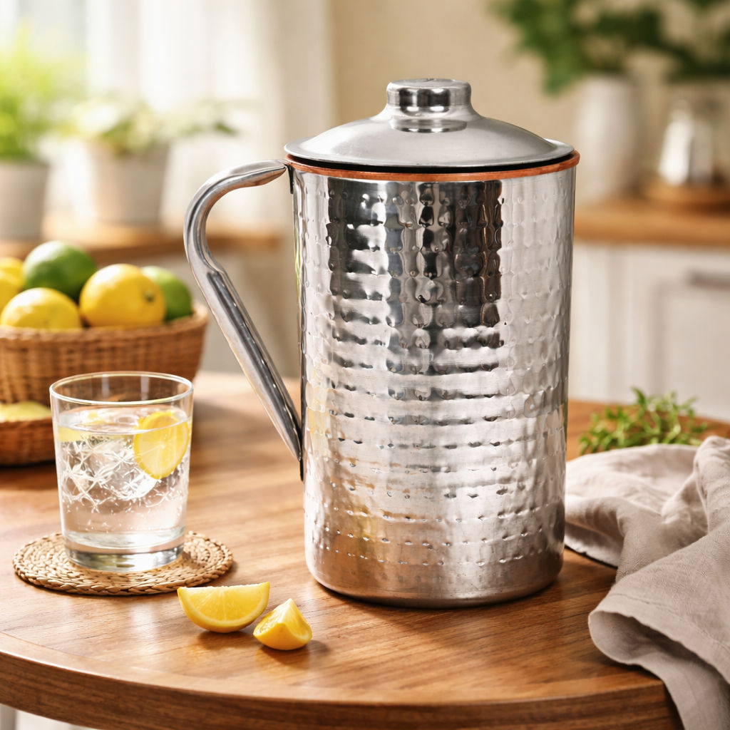 Pure steel copper jug luxury design with lid hammered, 1000 ML